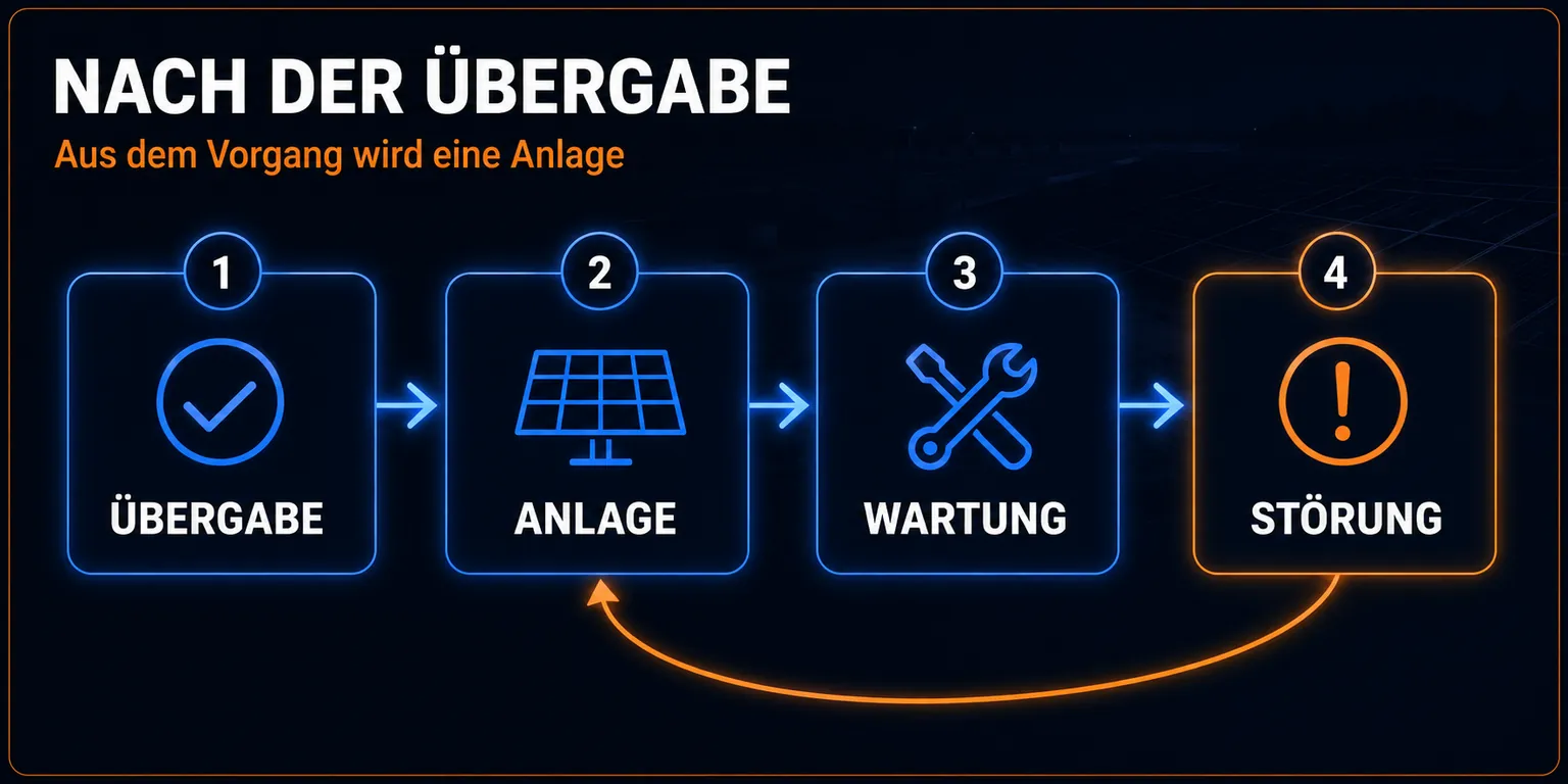 Ablauf „Nach der Inbetriebnahme geht es weiter“ als Folie: die Schritte in ihrer Reihenfolge.
