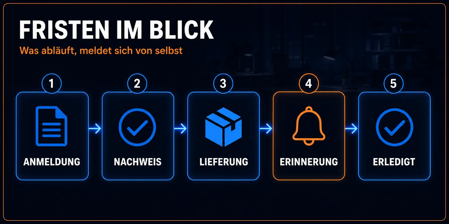 Ablauf „Fristen, die sich selbst melden“ als Folie: die Schritte in ihrer Reihenfolge.