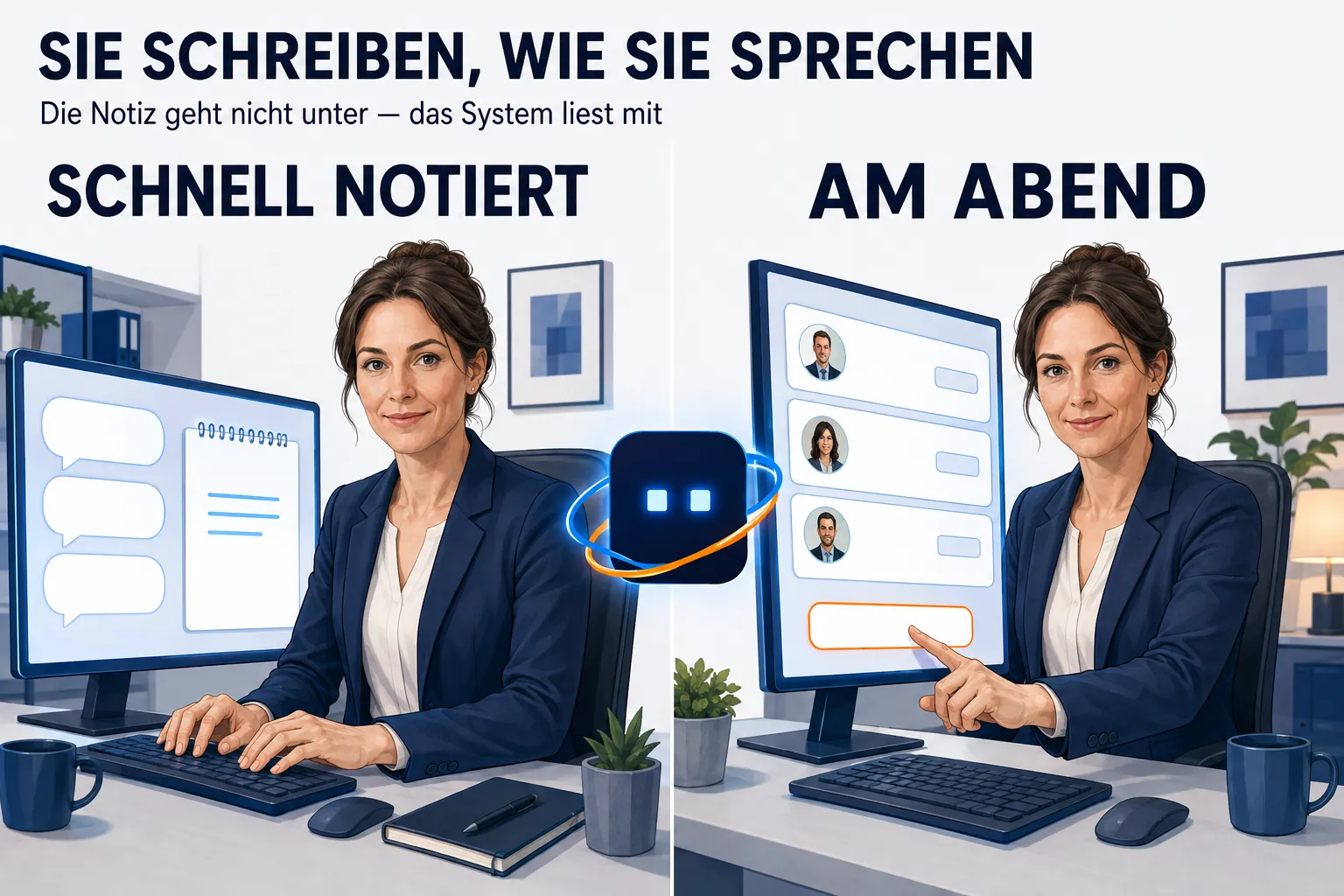 Zwei Hälften unter der Überschrift „SIE SCHREIBEN, WIE SIE SPRECHEN“ mit der Unterzeile „Die Notiz geht nicht unter — das System liest mit“. In beiden dieselbe Sachbearbeiterin, frontal und mit erkennbarem Gesicht. Links SCHNELL NOTIERT: Auf ihrem Bildschirm läuft links eine Unterhaltung in wenigen breiten Sprechblasen, rechts daneben eine kleine helle Notizfläche wie ein Schreibtischblock, auf die sie drei kurze Zeilen tippt — keine Formularfelder. Rechts AM ABEND: Derselbe Bildschirm zeigt drei fertige Aufgabenkarten, jede mit einem kleinen Personenbild und einem Datum, darunter eine weiße Schaltfläche mit orangem Rand, auf die ihre Hand zugeht. Dazwischen steht klein und leuchtend das AMIGOSU-Zeichen.