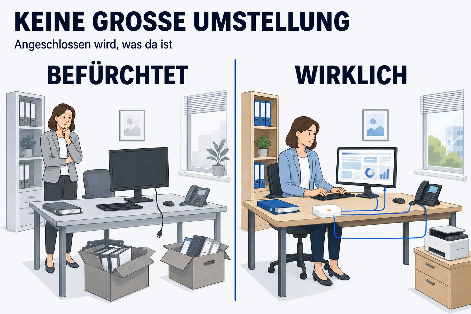 Zwei Hälften unter der Überschrift „KEINE GROSSE UMSTELLUNG“ mit der Unterzeile „Angeschlossen wird, was da ist“. Links BEFÜRCHTET, grau und blass: ein Büro im Umbruch mit Umzugskisten voller Ordner, einem dunklen, abgesteckten Monitor und einer ratlosen Frau. Rechts WIRKLICH, hell und klar: dasselbe Büro unverändert im Betrieb, alle Geräte laufen; auf dem Schreibtisch ist ein kleines Gerät mit orangem Punkt dazugekommen, mit dünnen Linien zu Monitor, Telefon und Drucker. Dieselbe Frau arbeitet ruhig weiter.