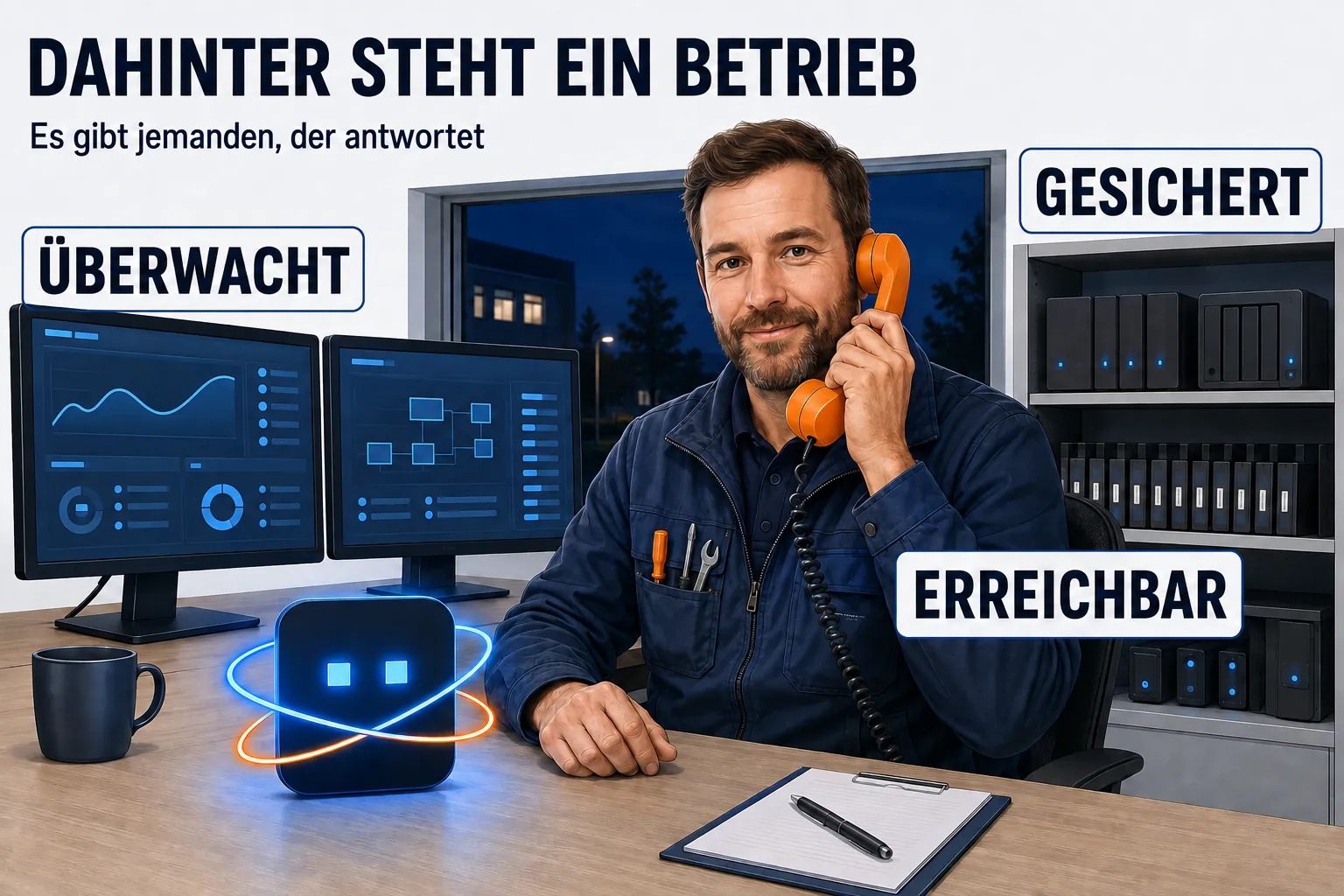 Überschrift „DAHINTER STEHT EIN BETRIEB“, darunter „Es gibt jemanden, der antwortet“. Ein Techniker sitzt frontal an einem Arbeitsplatz mit zwei Monitoren und hält den Telefonhörer ans Ohr; sein Gesicht ist zugewandt und freundlich. Drei Beschriftungen: ÜBERWACHT am Monitor mit der ruhigen Kurve, GESICHERT am Regal mit den Sicherungsmedien, ERREICHBAR am orangen Telefonhörer in seiner Hand. Auf dem Schreibtisch steht das AMIGOSU-Zeichen und leuchtet. Draußen vor dem Fenster ist es dunkel — es ist Abend, und er ist trotzdem da.