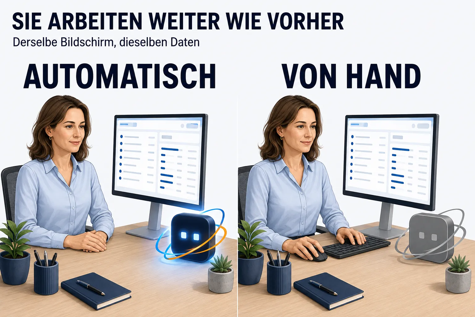 Zwei Hälften unter der Überschrift „SIE ARBEITEN WEITER WIE VORHER“ mit der Unterzeile „Derselbe Bildschirm, dieselben Daten“. In beiden Hälften dieselbe Sachbearbeiterin, frontal und mit erkennbarem Gesicht, vor demselben Bildschirm mit derselben Liste. Links AUTOMATISCH: neben dem Bildschirm steht das AMIGOSU-Zeichen und leuchtet, ihre Hände ruhen auf dem Tisch. Rechts VON HAND: dasselbe Zeichen steht grau und ohne Leuchten da, sie bedient jetzt selbst mit Maus und Tastatur und arbeitet ruhig weiter.
