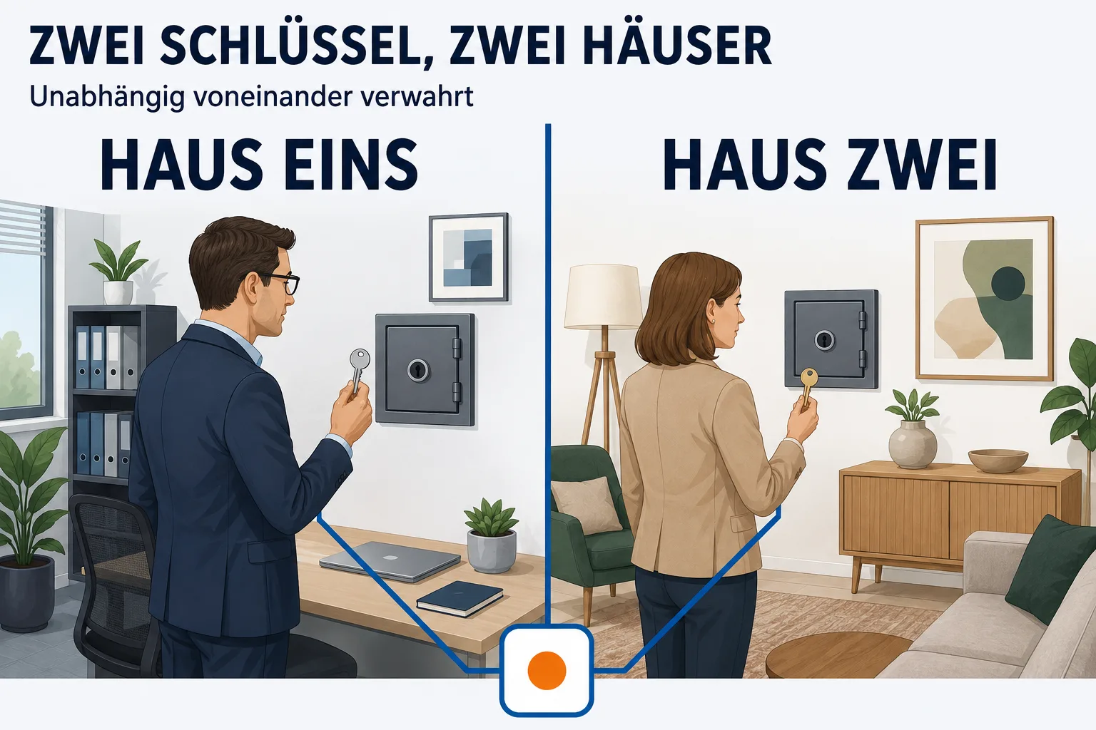 Zwei getrennte Räume unter der Überschrift „ZWEI SCHLÜSSEL, ZWEI HÄUSER“ mit der Unterzeile „Unabhängig voneinander verwahrt“, geteilt durch eine senkrechte Linie. Links HAUS EINS: ein Mann steht in einem Büro vor einem Wandtresor und hält einen Schlüssel. Rechts HAUS ZWEI: eine Frau steht in einem anders eingerichteten Raum vor einem zweiten Wandtresor mit dem zweiten Schlüssel. Von beiden Schlüsseln führt eine blaue Linie nach unten, wo sie sich an einem Quadrat mit orangem Punkt treffen.
