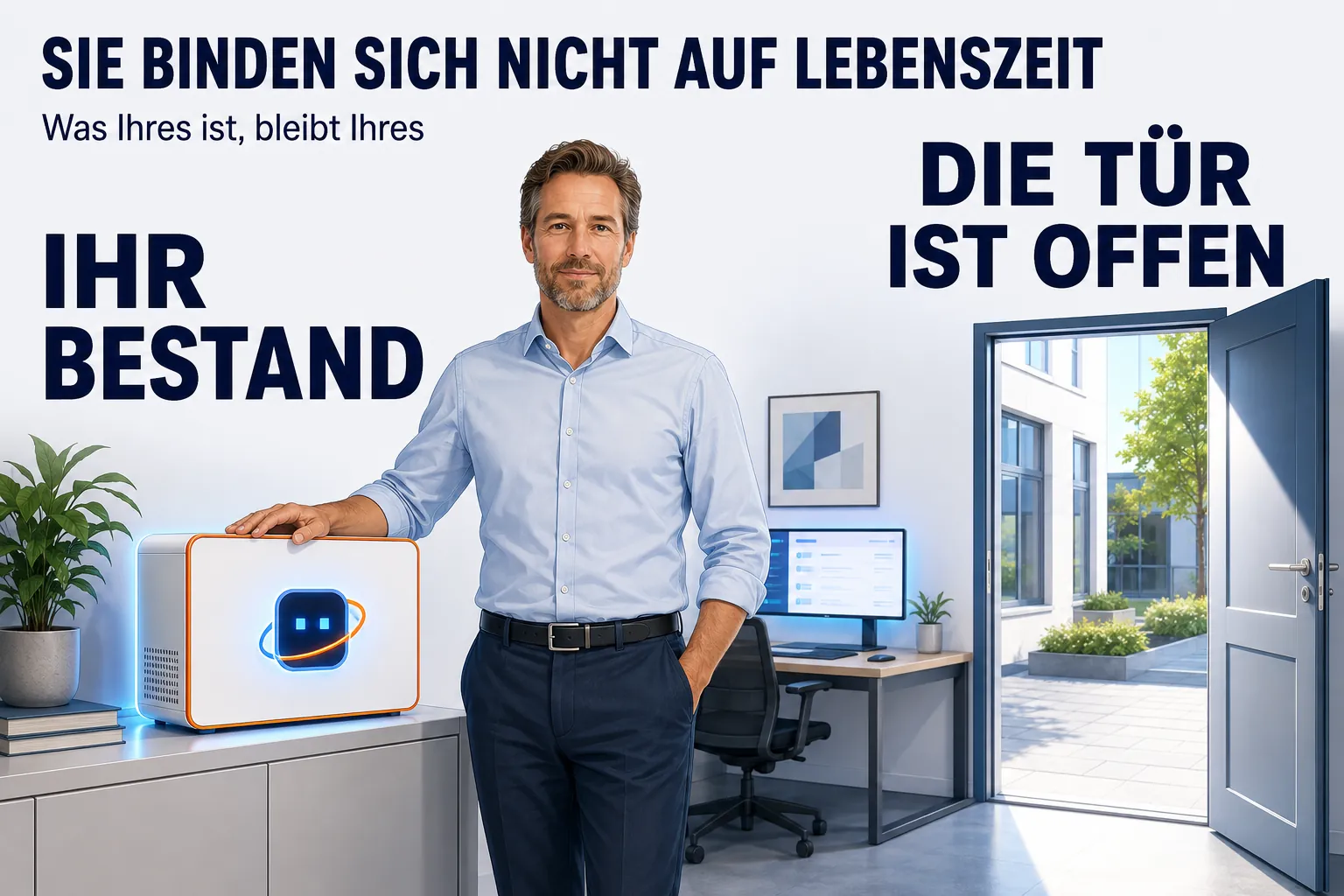 Eine Szene unter der Überschrift „SIE BINDEN SICH NICHT AUF LEBENSZEIT“ mit der Unterzeile „Was Ihres ist, bleibt Ihres“. Ein Unternehmer im Hemd steht frontal in seinem Büro, ruhig und gelassen, die Hand auf einem geschlossenen Gerät von der Größe eines Aktenkoffers, das auf einem Sideboard steht und orange umrandet mit IHR BESTAND beschriftet ist; auf dem Gerät sitzt klein das AMIGOSU-Zeichen. Hinter ihm läuft ein Arbeitsplatz weiter. Rechts steht eine Tür weit offen, durch die man einen hellen Hof sieht — beschriftet DIE TÜR IST OFFEN. Niemand geht hindurch, sie steht nur offen.