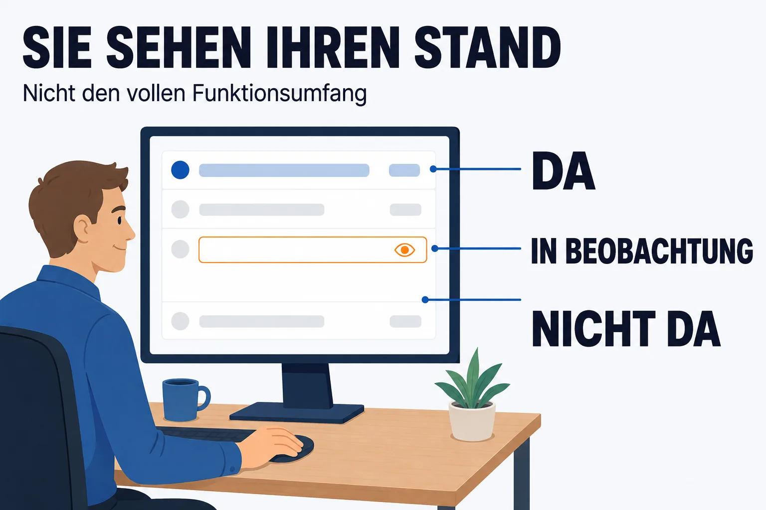 Überschrift „SIE SEHEN IHREN STAND“, darunter „Nicht den vollen Funktionsumfang“. Ein Mann sitzt an einem Monitor mit einer Liste. Drei Linien führen nach rechts zu ihrer Beschriftung: DA zu einer normalen Zeile mit gefülltem blauen Punkt; IN BEOBACHTUNG zu einer orange gerahmten Zeile mit einem Auge-Symbol; NICHT DA auf eine leere Stelle in der Liste, an der schlicht nichts steht — kein ausgegrautes Feld und kein Schloss.