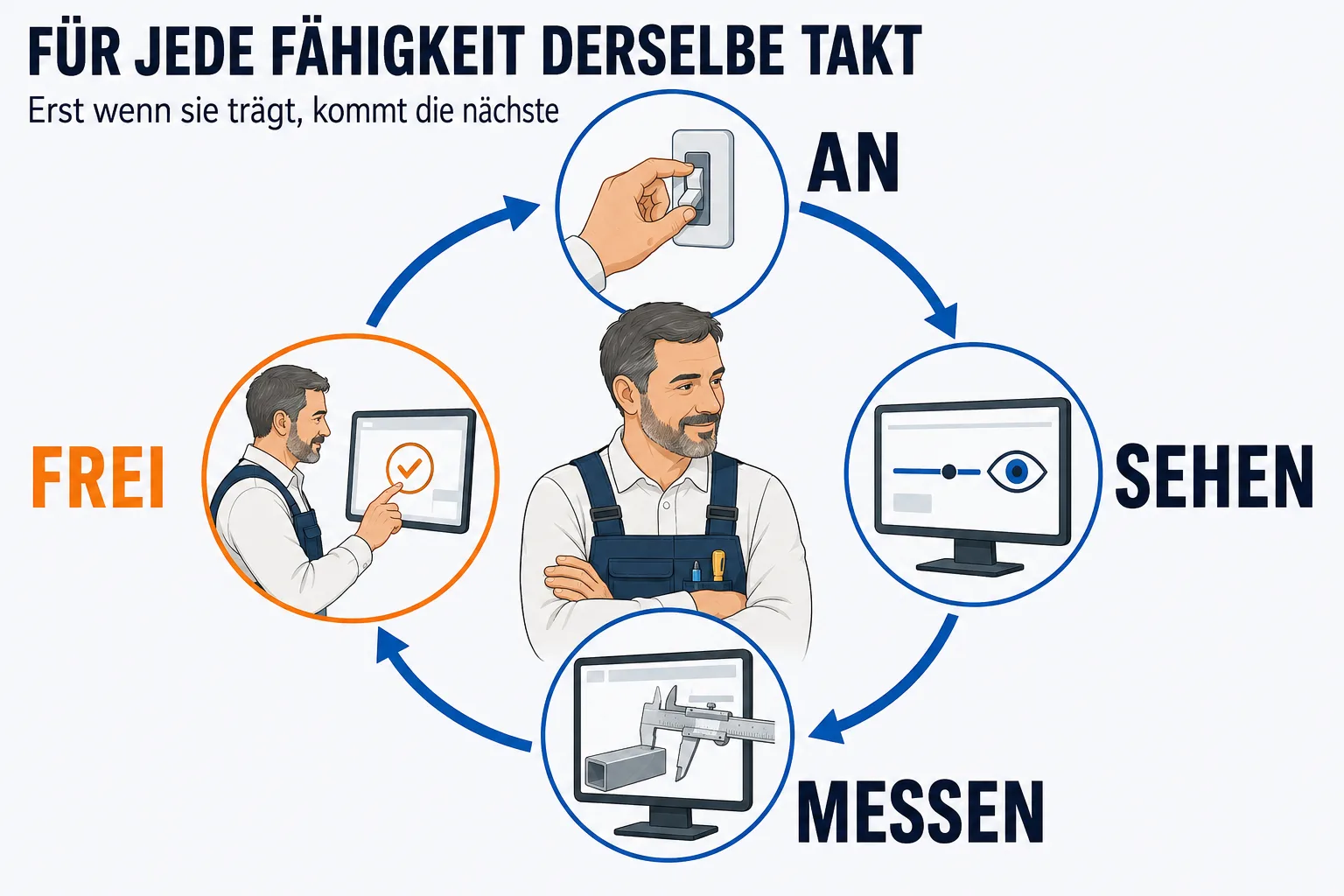 Ein Kreislauf aus vier Stationen unter der Überschrift „FÜR JEDE FÄHIGKEIT DERSELBE TAKT“ mit der Unterzeile „Erst wenn sie trägt, kommt die nächste“. Im Uhrzeigersinn: AN — eine Hand legt einen Kippschalter um. SEHEN — ein Monitor, auf dem eine Zeile mit einem Auge gekennzeichnet ist. MESSEN — ein Messschieber liegt an einem Bauteil auf dem Bildschirm an. FREI, als einziges orange gerahmt — ein Handwerksmeister tippt eine Bestätigung an. In der Kreismitte steht derselbe Meister mit verschränkten Armen. Die Pfeile schließen den Kreis: Der Takt wiederholt sich.