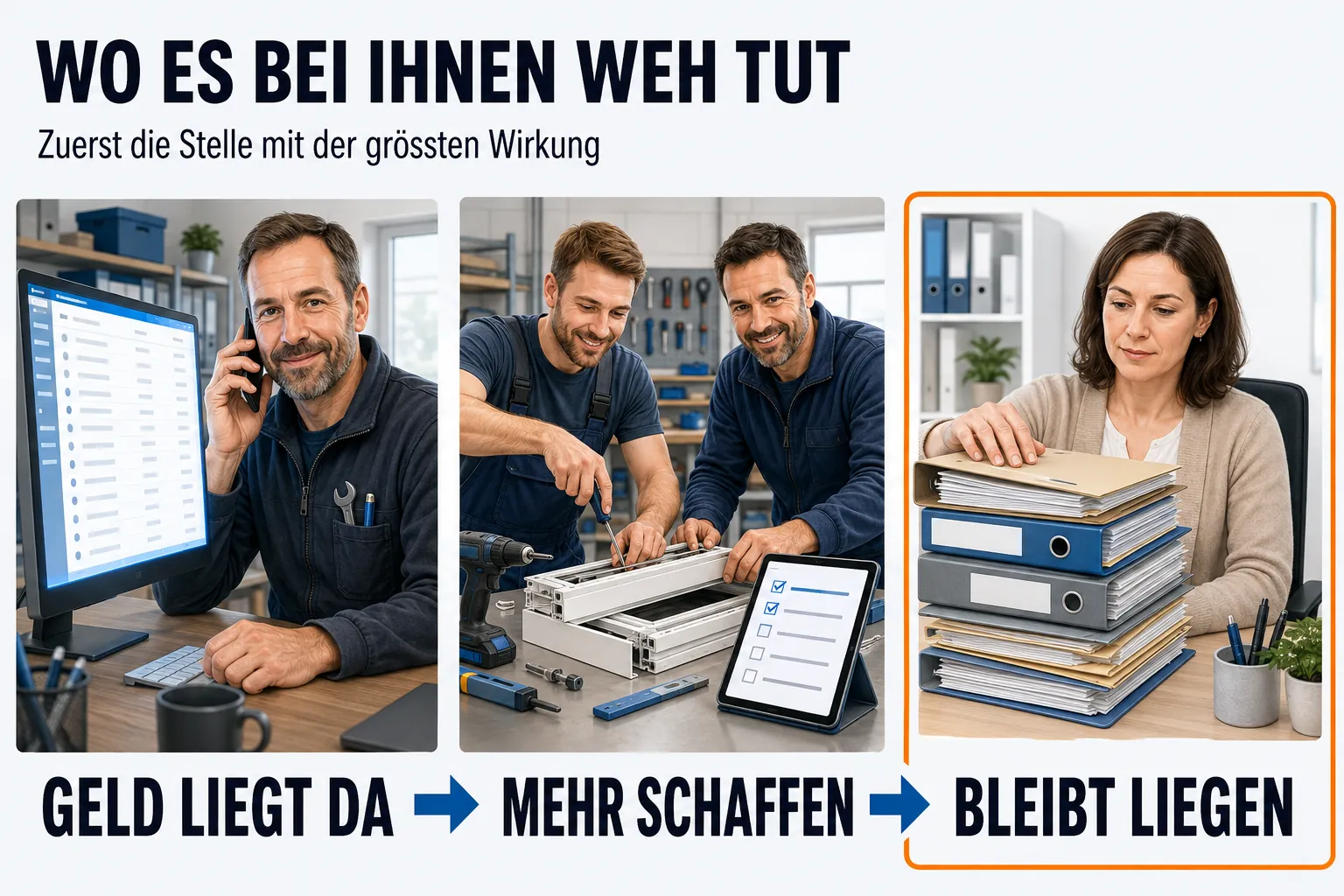 Drei Situationen aus demselben Betrieb nebeneinander unter der Überschrift „WO ES BEI IHNEN WEH TUT“ mit der Unterzeile „Zuerst die Stelle mit der größten Wirkung“. Links GELD LIEGT DA: ein Handwerksmeister frontal am Telefon, vor ihm auf dem Bildschirm eine lange Liste von Kundenzeilen, von denen die meisten blass sind. In der Mitte MEHR SCHAFFEN: zwei Monteure in der Werkstatt an einem Werkstück, daneben ein Tablet mit einer kurzen Aufgabenliste. Rechts BLEIBT LIEGEN, als einzige Station orange gerahmt: ein Schreibtisch mit einem Stapel Mappen, daneben eine Sachbearbeiterin, die Hand schon am obersten Vorgang.
