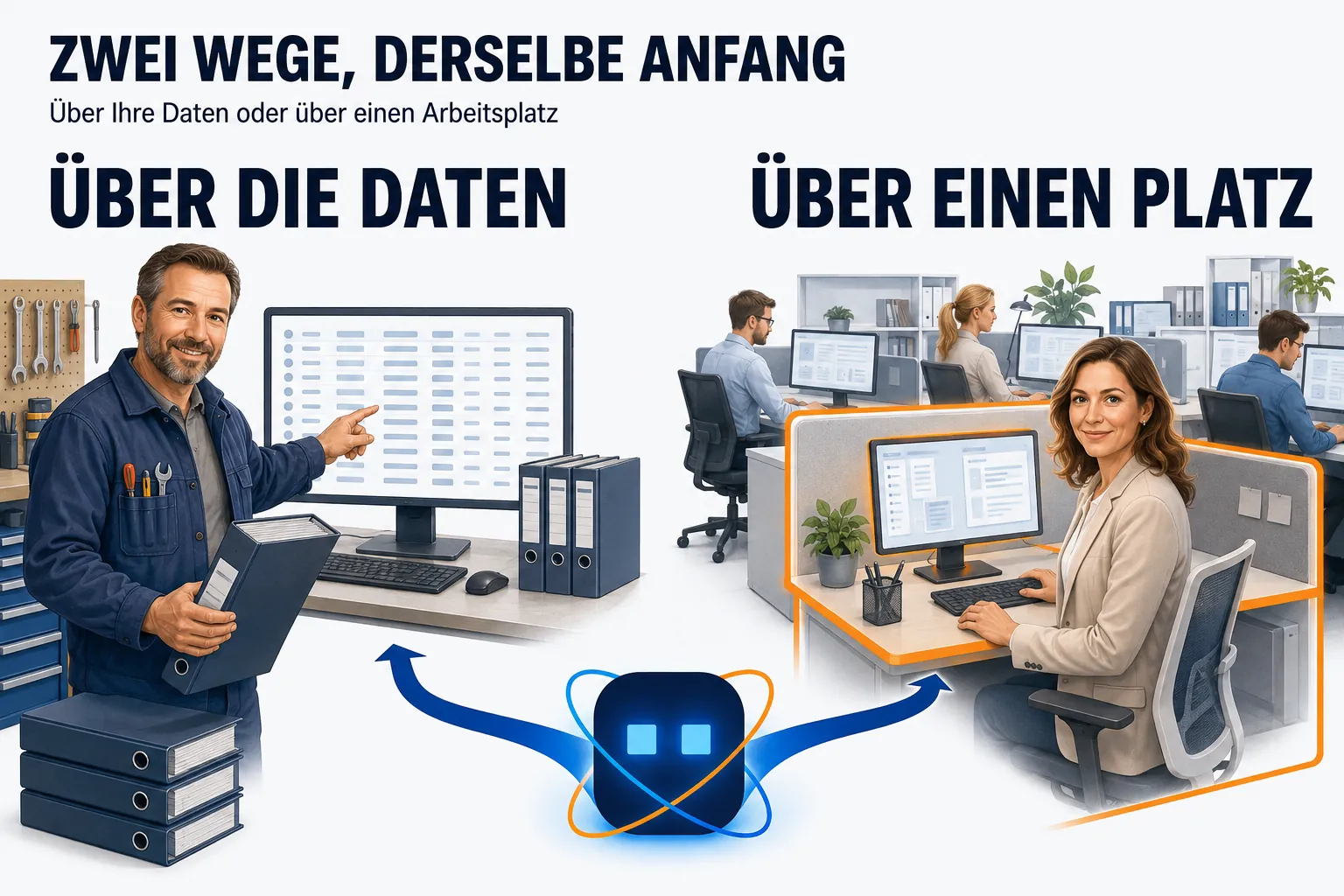 Zwei Hälften unter der Überschrift „ZWEI WEGE, DERSELBE ANFANG“ mit der Unterzeile „Über Ihre Daten oder über einen Arbeitsplatz“. Unten in der Bildmitte steht groß das AMIGOSU-Zeichen; von ihm führen zwei breite blaue Wege nach oben auseinander. Links ÜBER DIE DATEN: ein Handwerksmeister übergibt frontal einen Aktenordner und zeigt zugleich auf einen Bildschirm mit einer langen Tabelle; daneben stapeln sich weitere Ordner. Rechts ÜBER EINEN PLATZ: ein einzelner Arbeitsplatz in einem Großraum, an dem eine Sachbearbeiterin frontal arbeitet; ihr Platz ist als einziger orange umrandet, die übrigen laufen unverändert weiter.
