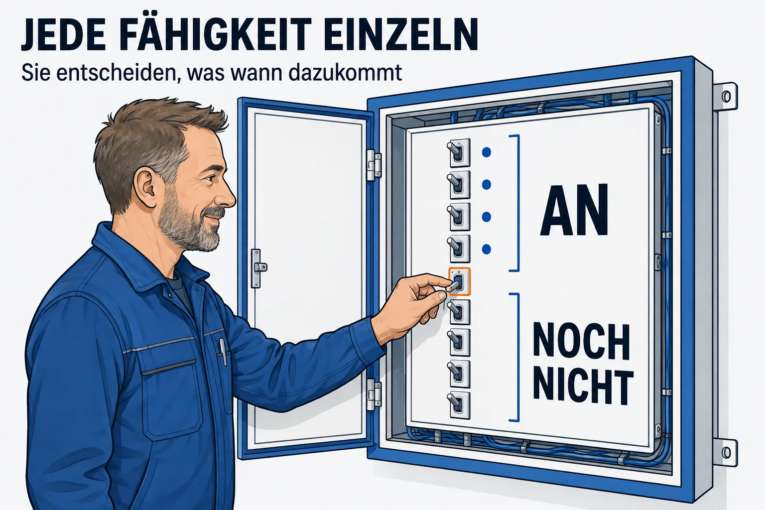 Überschrift „JEDE FÄHIGKEIT EINZELN“, darunter „Sie entscheiden, was wann dazukommt“. Ein aufgeklappter Schaltschrank an einer Werkstattwand mit einer Reihe gleicher Kippschalter untereinander. Ein Handwerksmeister legt mit der Hand einen einzelnen Schalter um, der orange hervorgehoben ist. Die oberen Schalter stehen oben und tragen je einen blauen Punkt, zusammengefasst als AN; die unteren stehen ohne Punkt und sind mit NOCH NICHT beschriftet.