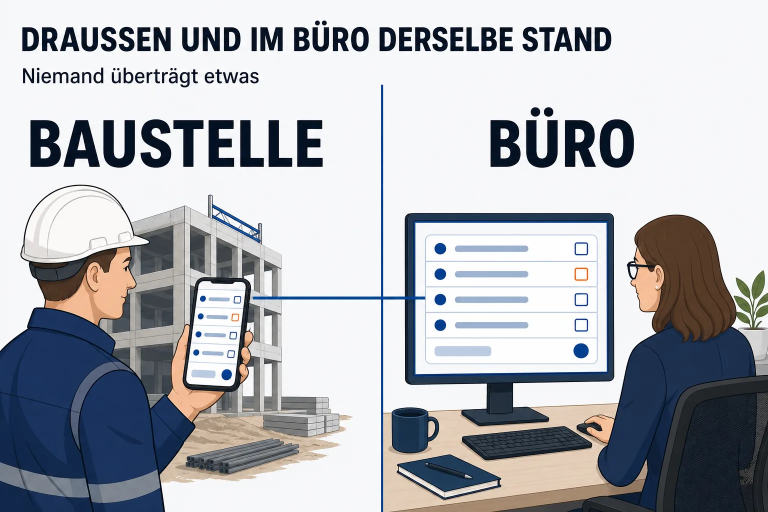 Zwei gegenübergestellte Hälften unter der Überschrift „DRAUSSEN UND IM BÜRO DERSELBE STAND“ mit der Unterzeile „Niemand überträgt etwas“. Links BAUSTELLE: ein Monteur mit Helm hält vor einem Rohbau sein Smartphone, auf dem eine Liste mit wenigen Zeilen steht. Rechts BÜRO: eine Frau sitzt vor einem Monitor, auf dem dieselbe Liste größer erscheint — gleiche Zeilen, gleiche Anordnung, ein Eintrag in beiden orange hervorgehoben. Eine einzelne blaue Linie verbindet die beiden Bildschirme.