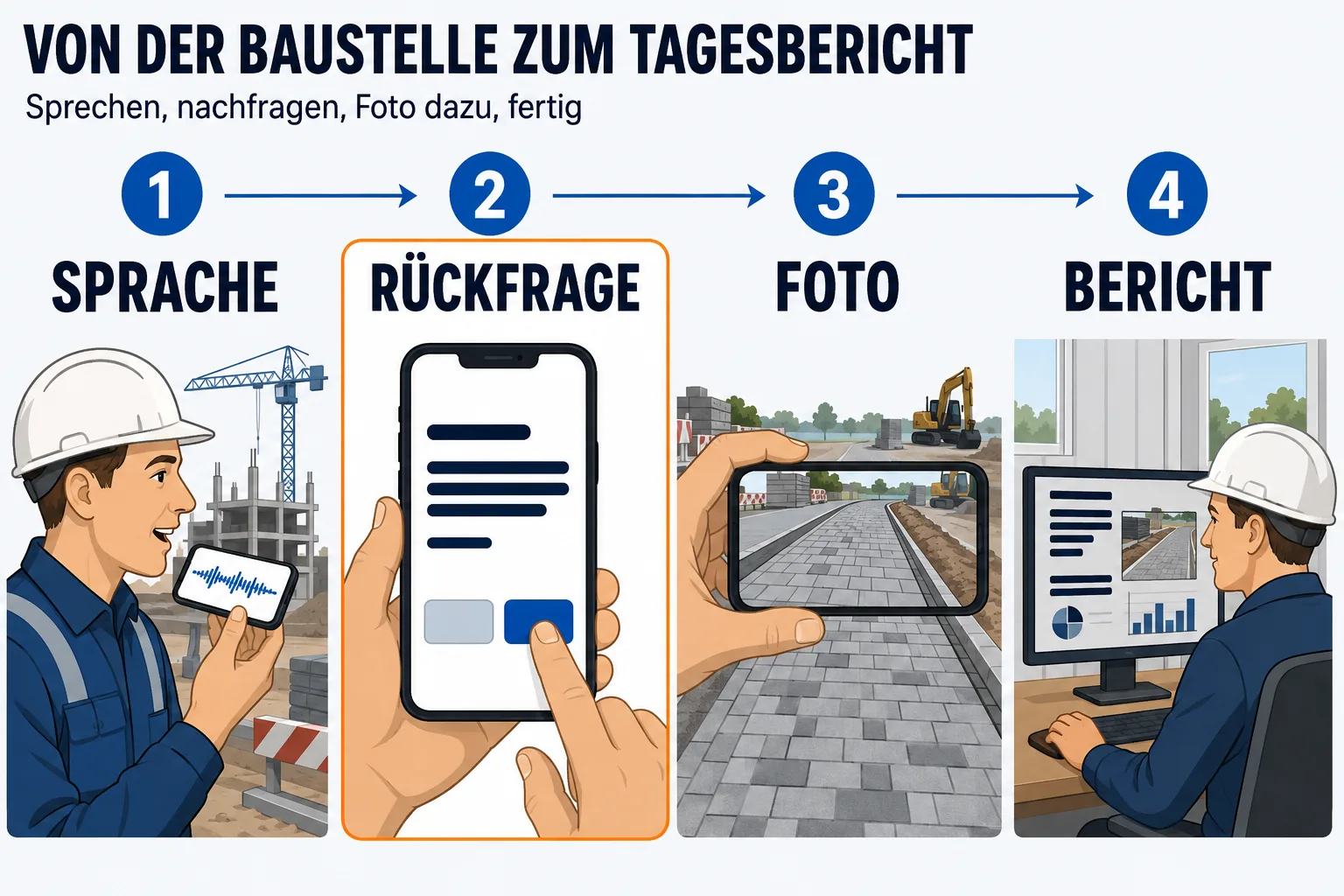 Ablauf in vier Stationen mit der Überschrift „VON DER BAUSTELLE ZUM TAGESBERICHT“ und der Unterzeile „Sprechen, nachfragen, Foto dazu, fertig“. Erstens SPRACHE: ein Monteur mit Helm spricht auf der Baustelle in sein Smartphone. Zweitens RÜCKFRAGE, orange hervorgehoben: auf dem Smartphone steht eine kurze Rückfrage mit zwei Schaltflächen, ein Finger tippt eine an. Drittens FOTO: eine Hand fotografiert einen fertigen Bauabschnitt. Viertens BERICHT: ein Bauleiter sieht im Baucontainer auf einen Monitor mit einer Übersicht, in der das Foto enthalten ist.