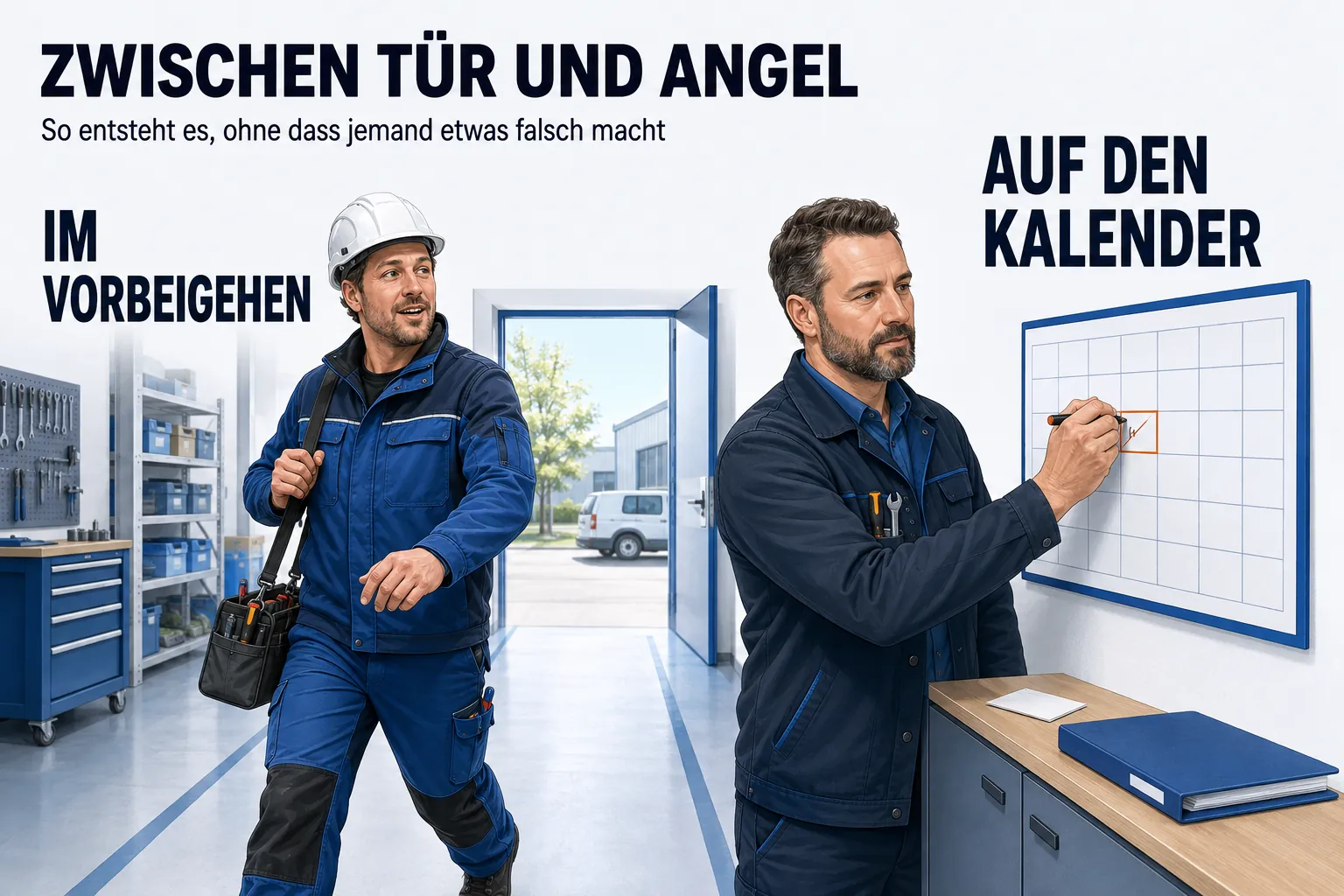 Eine Szene unter der Überschrift „ZWISCHEN TÜR UND ANGEL“ mit der Unterzeile „So entsteht es, ohne dass jemand etwas falsch macht“. Ein Werkstattgang mit offener Tür ins Freie. Links geht ein Monteur mit Helm zügig vorbei und ruft im Gehen etwas über die Schulter — beschriftet IM VORBEIGEHEN. Rechts steht ein Handwerksmeister frontal an einem Wandkalender und schreibt ein kurzes Wort in ein Feld — beschriftet AUF DEN KALENDER. Auf dem Sideboard darunter liegen ein Notizzettel und eine geschlossene Angebotsmappe. Beide sind in Bewegung und wirken ganz gewöhnlich beschäftigt.