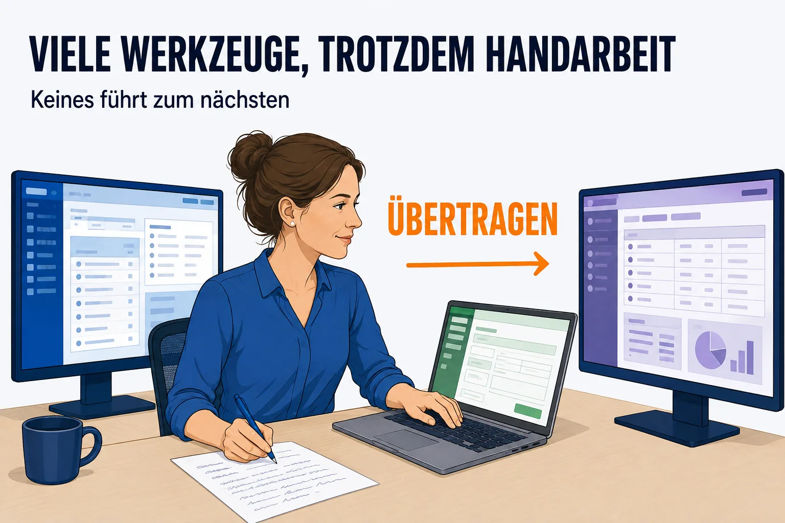 Überschrift „VIELE WERKZEUGE, TROTZDEM HANDARBEIT“, darunter „Keines führt zum nächsten“. Eine Frau sitzt zwischen drei Bildschirmen mit erkennbar verschiedenen Programmen; sie schreibt mit der einen Hand auf einem Blatt Papier mit und tippt mit der anderen etwas in den Laptop. Zwischen den Bildschirmen gibt es keine Verbindung. Ein oranger Pfeil mit der Beschriftung ÜBERTRAGEN zeigt von einem Bildschirm zum anderen.