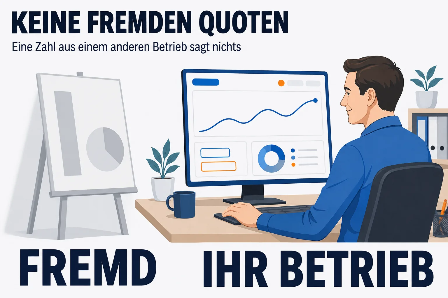 Überschrift „KEINE FREMDEN QUOTEN“, darunter „Eine Zahl aus einem anderen Betrieb sagt nichts“. Links auf einer Staffelei ein blasses, graues Werbeplakat mit einem Balken und einem Kreisdiagramm, beschriftet mit FREMD. Rechts, größer und klar beleuchtet, ein Mann an seinem eigenen Schreibtisch vor einem Monitor mit einer schlichten Kurve, beschriftet mit IHR BETRIEB. Es stehen keine Ziffern und keine Prozentzeichen im Bild.