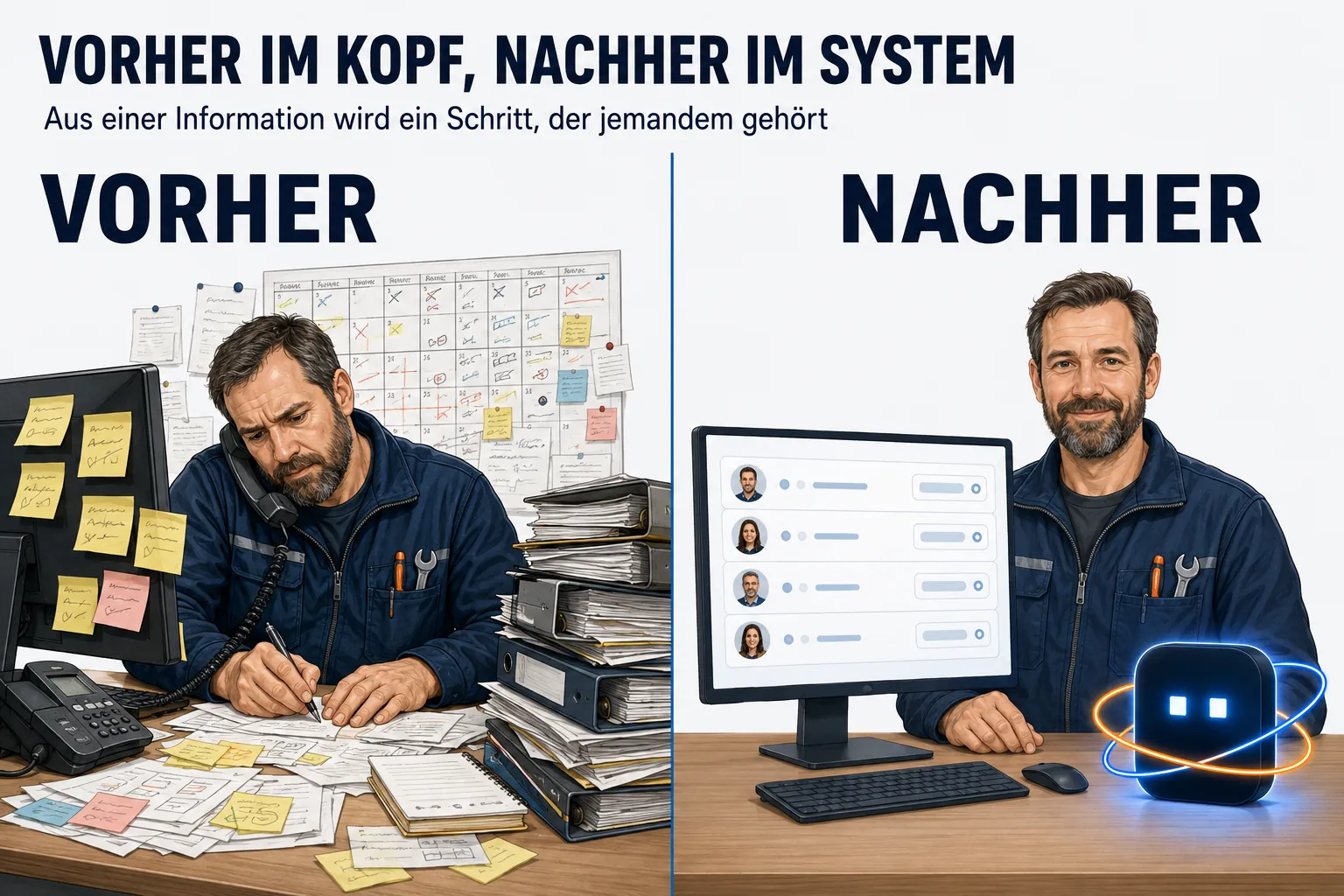 Zwei Hälften unter der Überschrift „VORHER IM KOPF, NACHHER IM SYSTEM“ mit der Unterzeile „Aus einer Information wird ein Schritt, der jemandem gehört“. In beiden Hälften derselbe Handwerksmeister, frontal und mit erkennbarem Gesicht. Links VORHER: Er steht angespannt an einem überladenen Schreibtisch, das Telefon zwischen Schulter und Ohr, rings um den Monitor kleben viele Notizzettel, daneben ein vollgeschriebener Wandkalender und ein Stapel Mappen. Rechts NACHHER: Derselbe Mann steht entspannt vor einem aufgeräumten Bildschirm mit wenigen klaren Zeilen, jede mit einem kleinen Personenbild und einem Datum; auf dem Tisch steht das AMIGOSU-Zeichen und leuchtet. Kein Klebezettel mehr.
