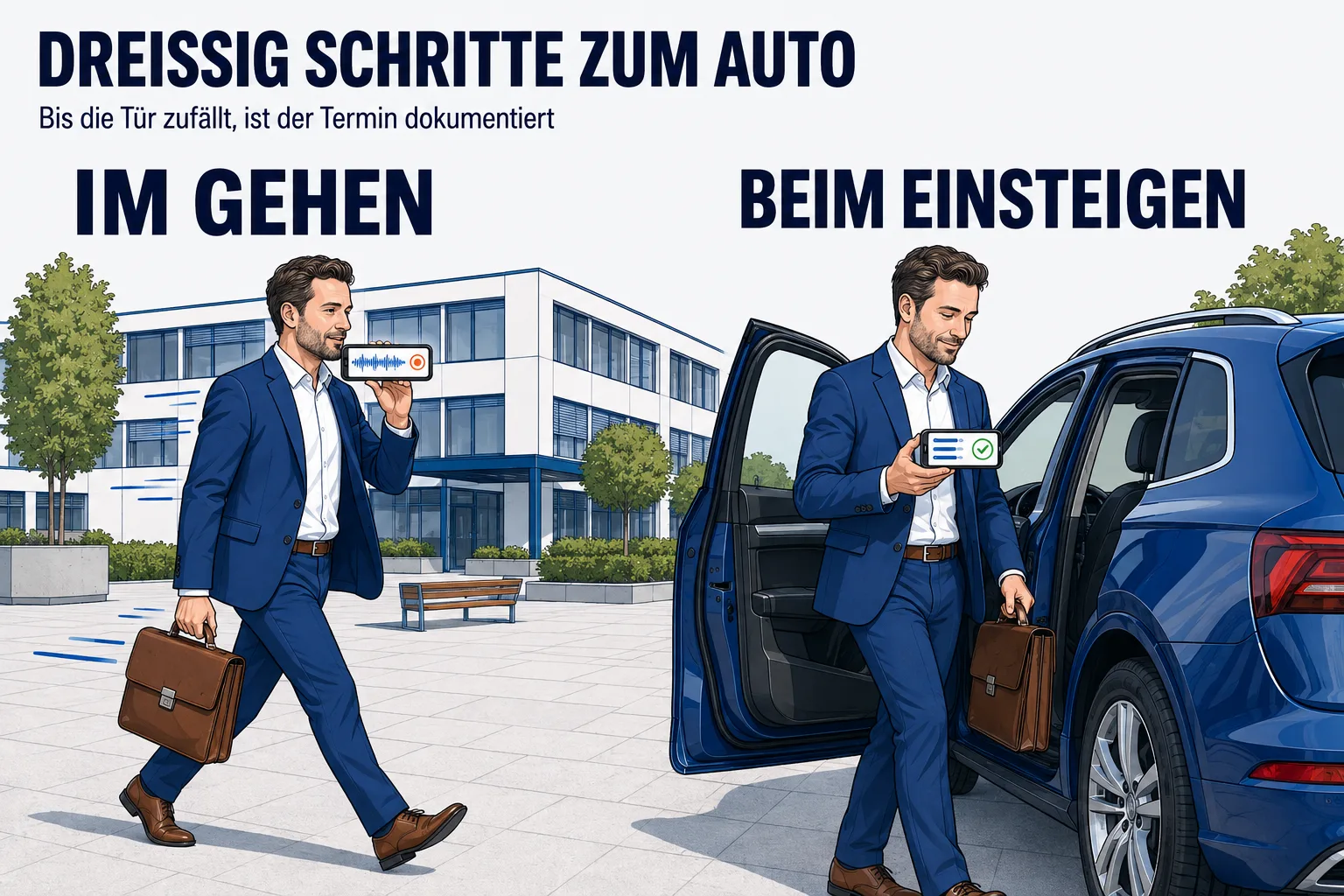 Eine Szene unter der Überschrift „DREISSIG SCHRITTE ZUM AUTO“ mit der Unterzeile „Bis die Tür zufällt, ist der Termin dokumentiert“. Derselbe Mann ist zweimal im selben Bild zu sehen, weil zwischen beiden Momenten nur eine halbe Minute liegt. Links geht er mit Aktentasche zügig über einen Hof und spricht dabei in das Smartphone in seiner Hand; wenige feine Linien hinter ihm zeigen die Bewegung — beschriftet IM GEHEN. Rechts steht er an der geöffneten Tür seines Autos und sieht auf dasselbe Telefon, auf dem jetzt eine fertige Karte mit drei Zeilen und einem grünen Haken steht — beschriftet BEIM EINSTEIGEN. Das Auto ist deutlich zu sehen, die Szene spielt draußen.