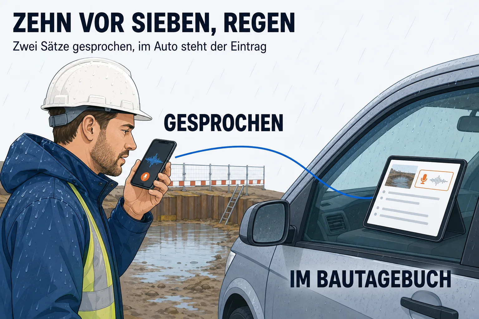 Eine Szene unter der Überschrift „ZEHN VOR SIEBEN, REGEN“ mit der Unterzeile „Zwei Sätze gesprochen — im Auto steht der Eintrag“. Links im Bild steht ein Bauleiter mit Helm und Regenjacke vor einer Baugrube, in der Wasser steht; er hält sein Smartphone nah am Mund und spricht hinein, auf dem Gerät ist eine einfache Tonwelle zu sehen — beschriftet GESPROCHEN. Rechts angeschnitten sein Fahrzeug; durch die Seitenscheibe ist ein Tablet auf dem Beifahrersitz zu sehen, auf dem derselbe Vorgang jetzt als Eintrag mit einem kleinen Foto steht — beschriftet IM BAUTAGEBUCH. Eine ruhige blaue Linie führt vom Telefon zum Tablet. Der Regen ist durch feine schräge Linien angedeutet, das Bild bleibt hell und ruhig.