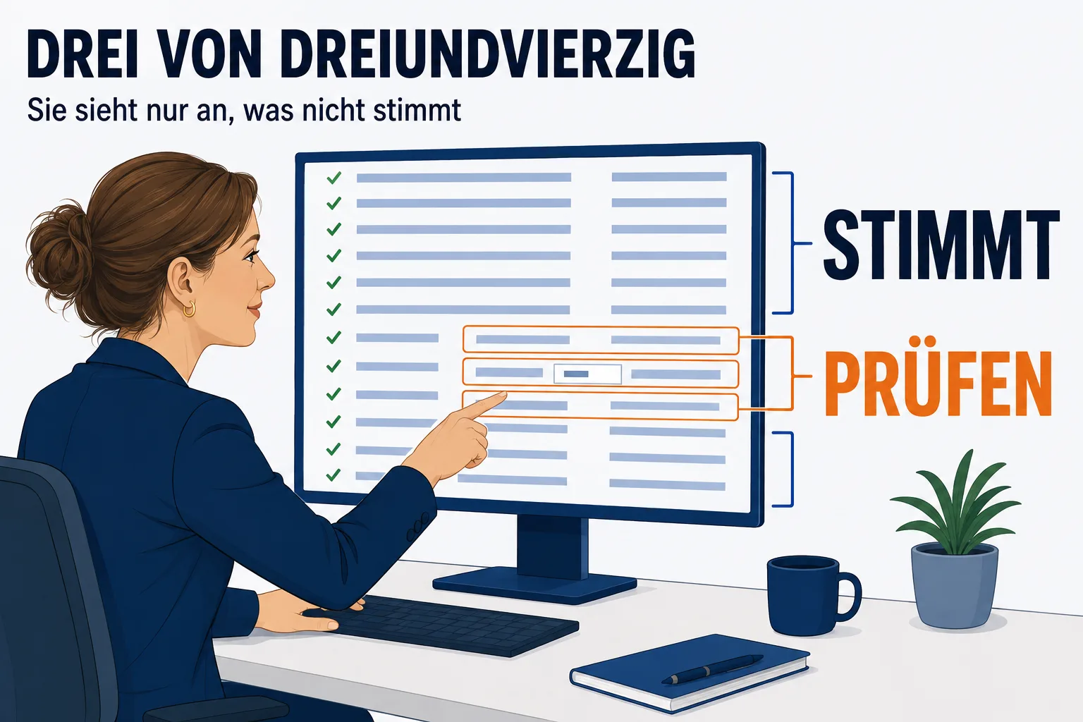 Eine Szene unter der Überschrift „DREI VON DREIUNDVIERZIG“ mit der Unterzeile „Sie sieht nur die Rechnungen an, die nicht stimmen“. Eine Frau sitzt vor einem großen Monitor, auf dem eine lange ruhige Liste von Rechnungszeilen steht; die meisten tragen einen kleinen grünen Haken — beschriftet STIMMT. Drei Zeilen mitten in der Liste sind orange gerahmt und ein Stück nach rechts herausgeschoben — beschriftet PRÜFEN. Bei einer dieser drei stehen zwei kleine Felder nebeneinander, deren Inhalte sichtbar voneinander abweichen. Ihr Blick und ihre Hand gehen zu den drei herausgeschobenen Zeilen, nicht zur übrigen Liste. Im ganzen Bild stehen keine Ziffern.