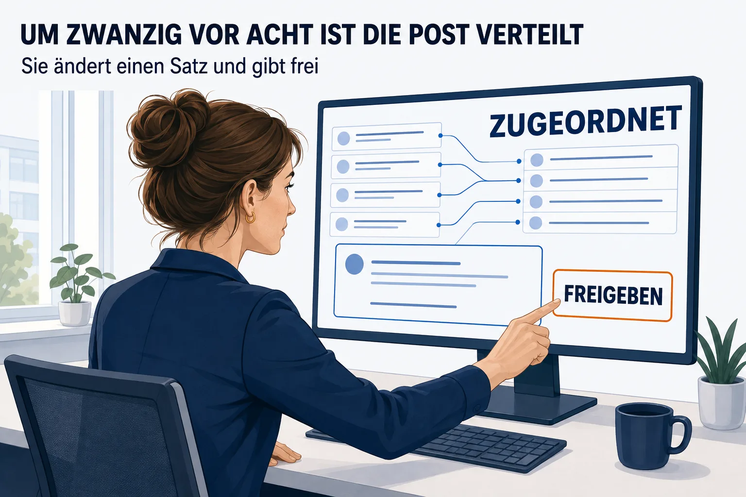 Eine Szene unter der Überschrift „UM ZWANZIG VOR ACHT IST DIE POST VERTEILT“ mit der Unterzeile „Sie ändert einen Satz und gibt frei“. Eine Frau sitzt im Morgenlicht an ihrem Schreibtisch vor einem großen Monitor. Links auf dem Bildschirm eine Liste eingegangener Nachrichten, von denen feine blaue Linien nach rechts zu Kunden- und Vorgangseinträgen führen — beschriftet ZUGEORDNET. Vorne groß eine bereits geschriebene Antwort, daneben eine weiße Schaltfläche mit orangem Rand — beschriftet FREIGEBEN —, auf die ihre Hand zugeht. Auf dem Tisch liegt kein Papierstapel.