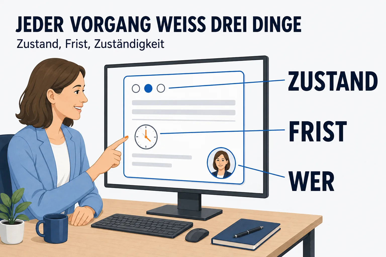 Überschrift „JEDER VORGANG WEISS DREI DINGE“, darunter „Zustand, Frist, Zuständigkeit“. Eine Frau sitzt an einem großen Monitor und zeigt auf eine einzelne Vorgangskarte darauf. Von drei Stellen der Karte führen feine Linien nach rechts zu ihrer Beschriftung: ZUSTAND zu einer Reihe aus drei Punkten, von denen einer gefüllt ist; FRIST zu einer kleinen Uhr mit orangen Zeigern; WER zu einem runden Personenbild in der Ecke der Karte.