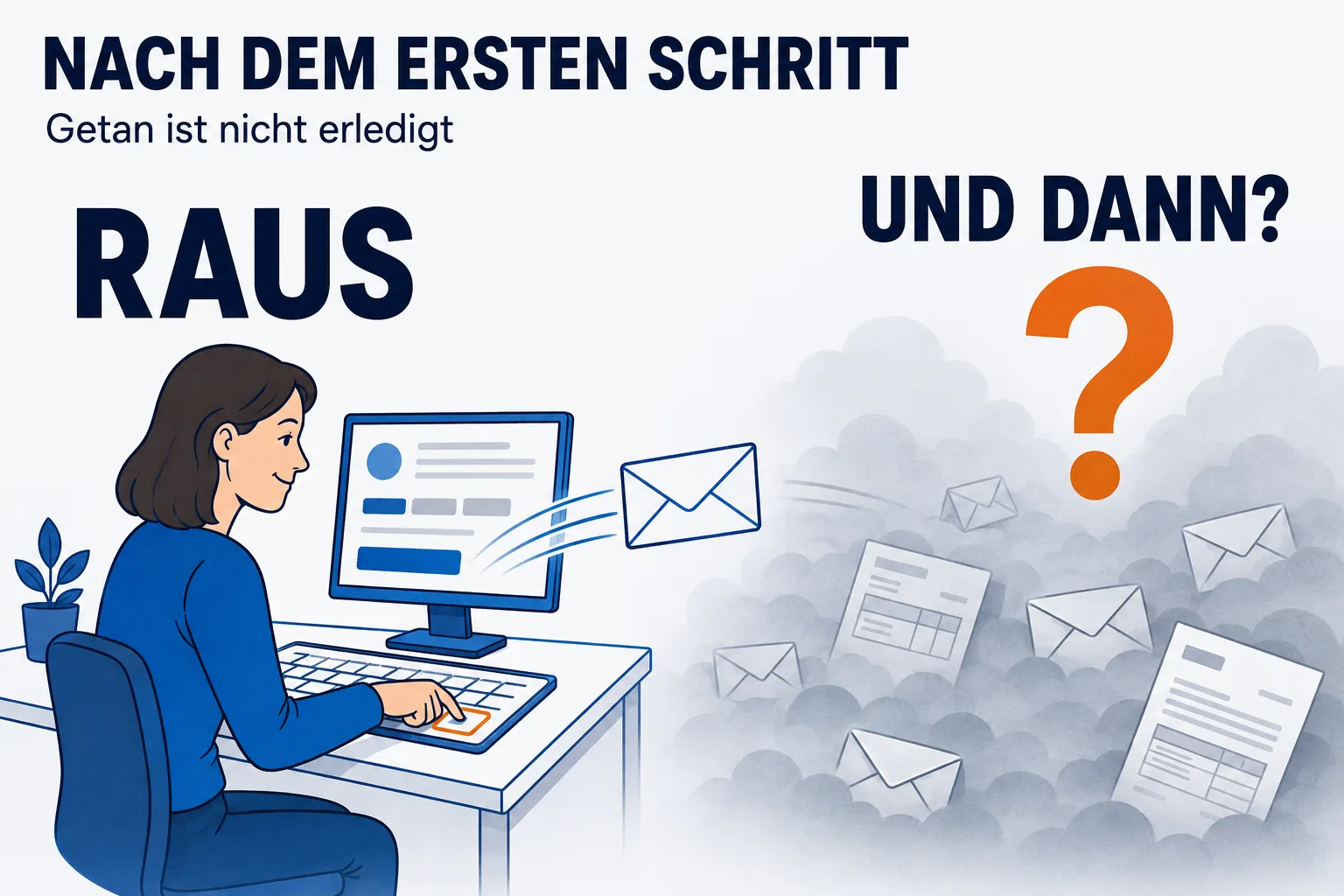 Zwei Hälften unter der Überschrift „NACH DEM ERSTEN SCHRITT“ mit der Unterzeile „Getan ist nicht erledigt“. Links RAUS: eine Frau am Schreibtisch drückt auf eine orange hervorgehobene Taste, ein Briefumschlag fliegt von ihrem Bildschirm weg. Rechts UND DANN?: derselbe Umschlag verliert sich in einer grauen, nebligen Fläche, in der bereits weitere Umschläge, ein Lieferschein und ein Rechnungsblatt halb verschwunden liegen; darüber steht ein großes oranges Fragezeichen.