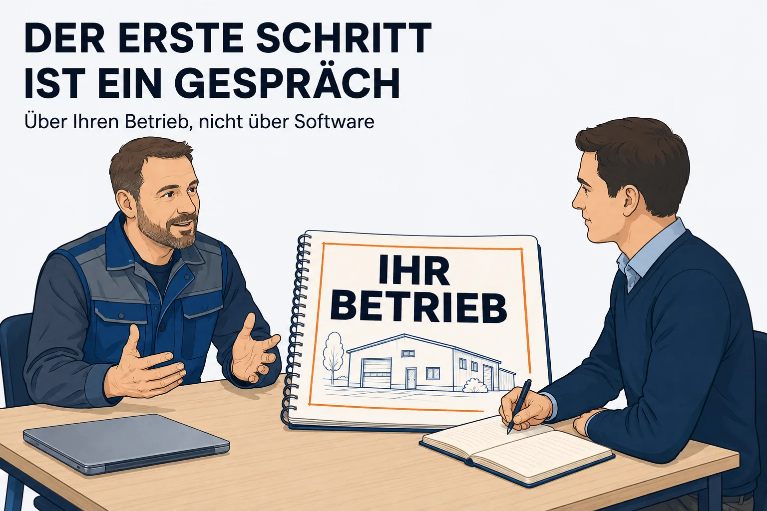 Überschrift „DER ERSTE SCHRITT IST EIN GESPRÄCH“, darunter „Über Ihren Betrieb, nicht über Software“. Zwei Männer sitzen einander an einem Tisch gegenüber: links ein Handwerksmeister in Arbeitskleidung, der mit den Händen etwas erklärt, rechts ein Zuhörer, der mitschreibt. Zwischen ihnen steht ein aufgeschlagener Block mit einer handgezeichneten Halle, orange umrandet und mit IHR BETRIEB beschriftet. Der Laptop am Tischrand ist zugeklappt.