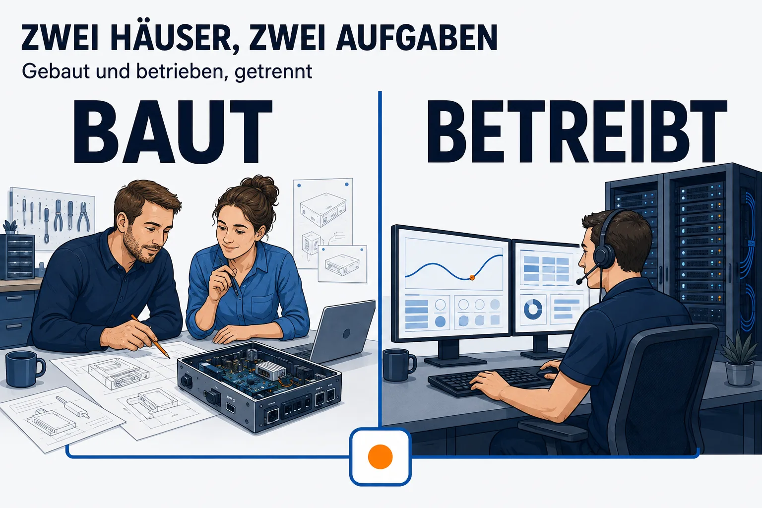 Zwei Arbeitsorte, durch eine senkrechte Linie getrennt, unter der Überschrift „ZWEI HÄUSER, ZWEI AUFGABEN“ mit der Unterzeile „Gebaut und betrieben, getrennt“. Links BAUT: zwei Menschen an einem Tisch mit Skizzen und einem aufgeschraubten Gerät. Rechts BETREIBT: ein Techniker mit Kopfhörer vor zwei Monitoren mit einer ruhigen Kurve, dahinter ein Serverschrank. Unten führt eine durchgehende blaue Linie von beiden Seiten zu einem kleinen Quadrat mit orangem Punkt in der Mitte.