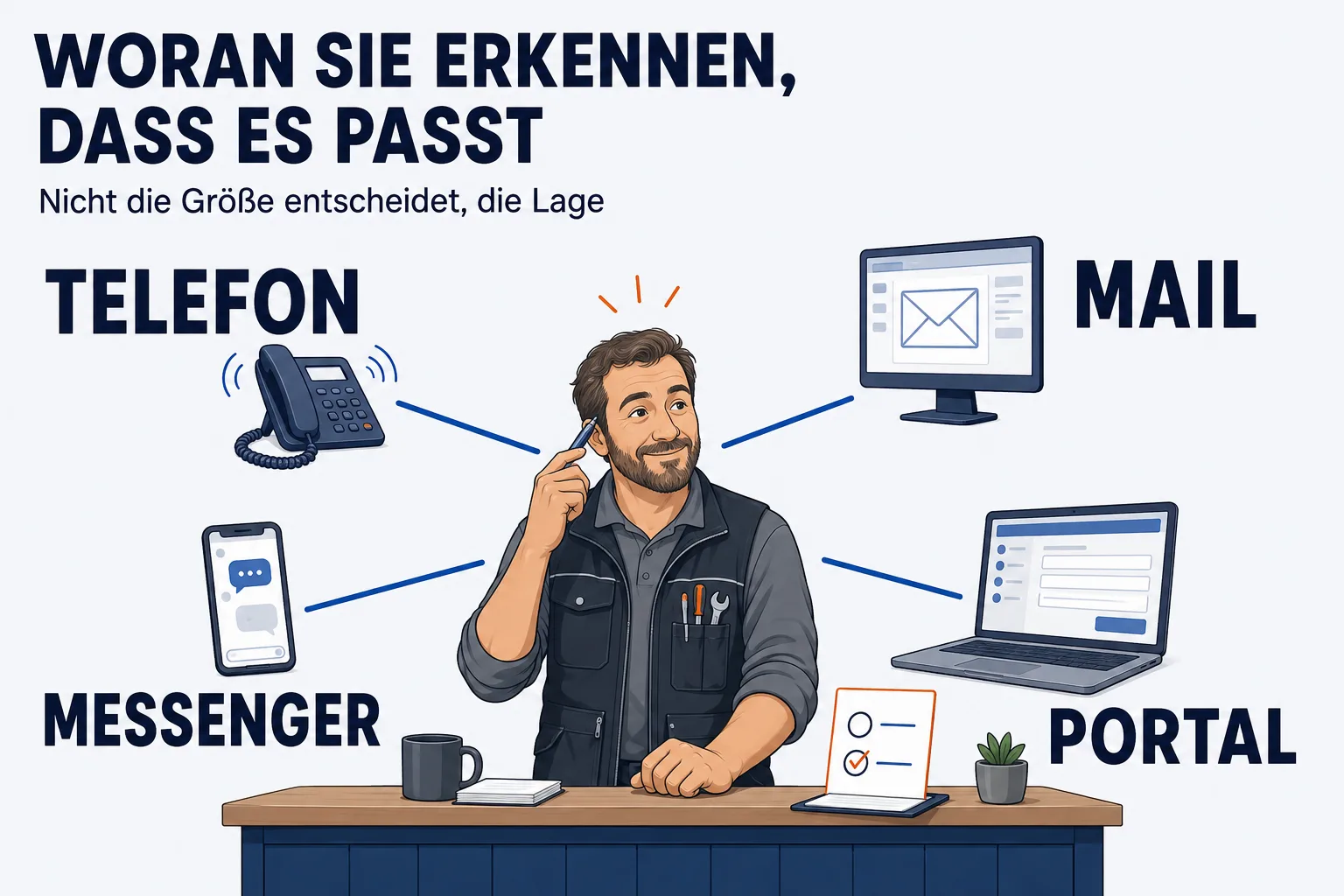Überschrift „WORAN SIE ERKENNEN, DASS ES PASST“, darunter „Nicht die Größe entscheidet, die Lage“. In der Mitte ein Handwerksmeister an seinem Tresen, dem von vier Seiten gleichzeitig Anfragen zulaufen, jede mit einer Linie zu ihm: ein klingelndes Telefon (TELEFON), ein Bildschirm mit einem Briefumschlag (MAIL), ein Smartphone mit Chat-Blasen (MESSENGER), ein Laptop mit einem Formular (PORTAL).
