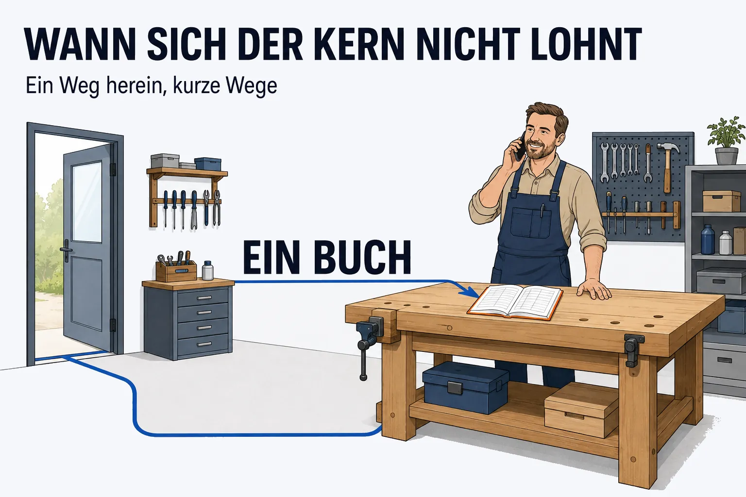 Überschrift „WANN SICH DER KERN NICHT LOHNT“, darunter „Ein Weg herein, kurze Wege“. Eine ruhige, aufgeräumte Werkstatt: Ein Handwerker steht entspannt telefonierend an seiner Werkbank, auf der ein einziges aufgeschlagenes Auftragsbuch liegt. Eine einzelne blaue Linie führt von der Tür zum Buch, beschriftet mit EIN BUCH.