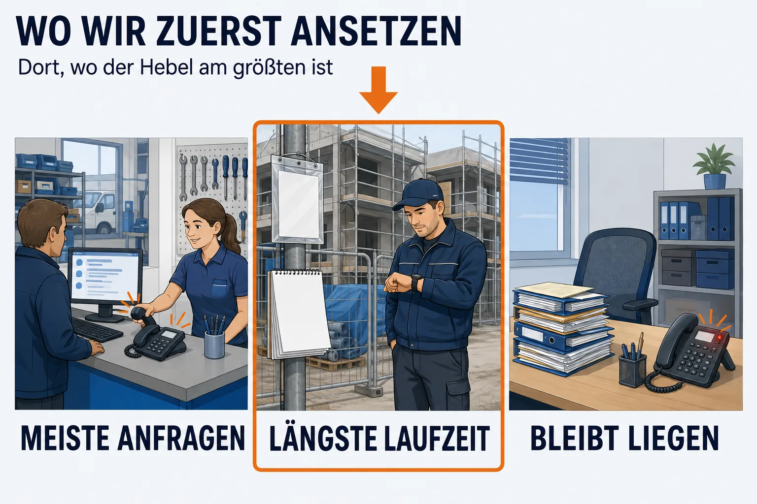 Drei Situationen aus demselben Betrieb nebeneinander, unter der Überschrift „WO WIR ZUERST ANSETZEN“ mit der Unterzeile „Dort, wo der Hebel am größten ist“. Links MEISTE ANFRAGEN: ein Tresen, an dem gleichzeitig telefoniert und am Bildschirm gearbeitet wird. In der Mitte, orange gerahmt und von einem orangen Pfeil bezeichnet, LÄNGSTE LAUFZEIT: eine halbfertige Baustelle, ein Monteur sieht auf die Uhr. Rechts BLEIBT LIEGEN: ein leerer Büroschreibtisch mit einem hohen Stapel Mappen und einem Telefon mit blinkender Anrufanzeige.